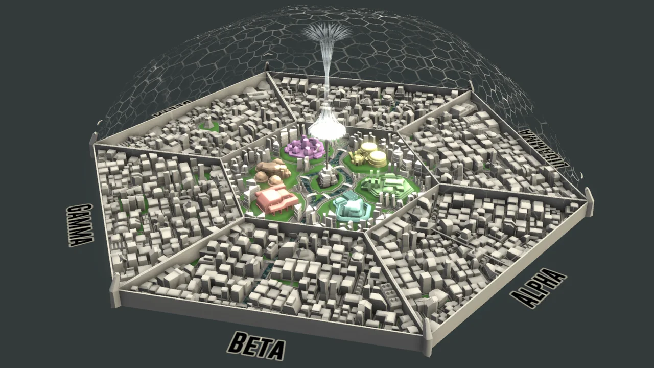 The City's six Denizen Sextants and central Citizen District under its hexagonal shield