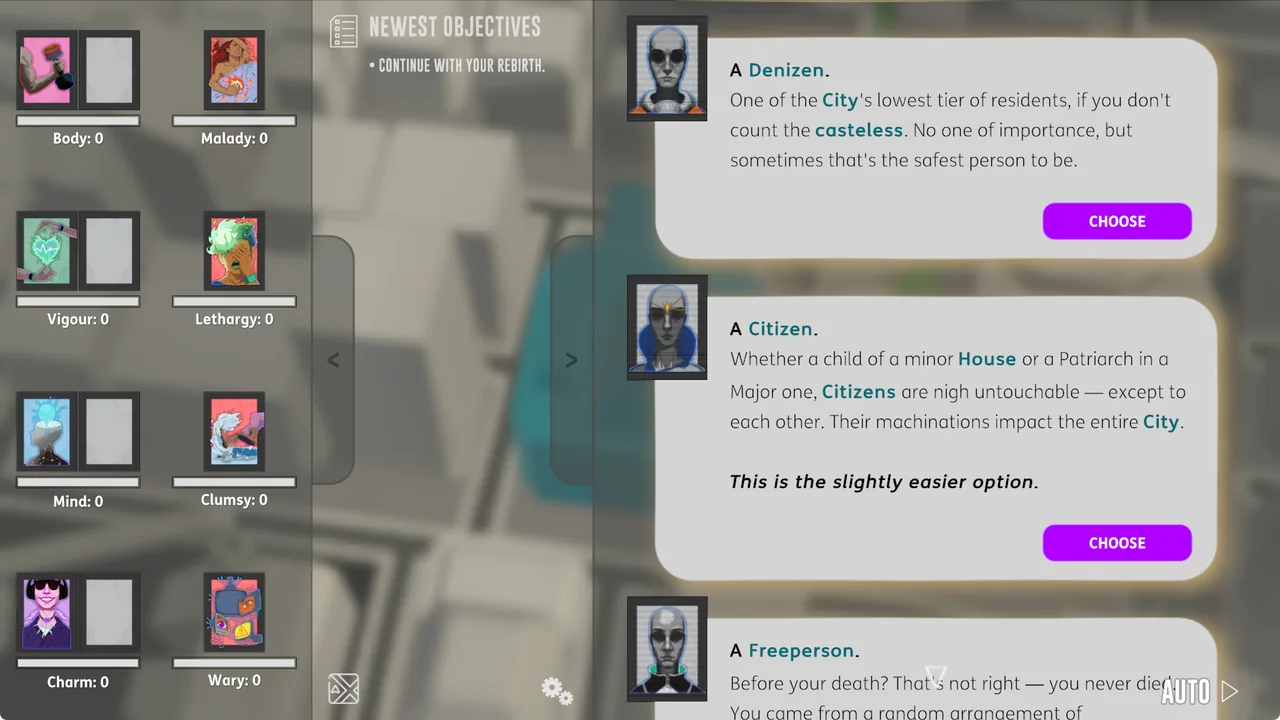 Choosing an origin during rebirth, with attribute cards down the left