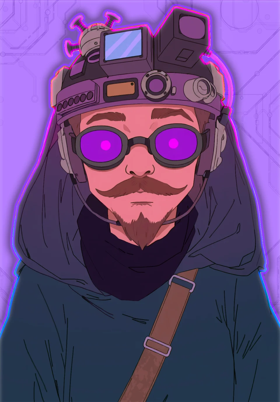 The Patron, a moustached figure in a hood and goggles with a gadget-covered headband