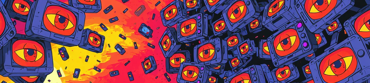 A swarm of old televisions, each screen filled with a staring eye