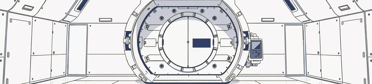 A white corridor ending in a heavy circular door