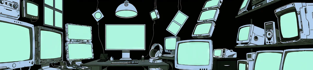 A dark workshop crowded with glowing monitors