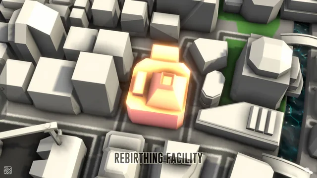 The Rebirthing Facility glowing among the City's buildings