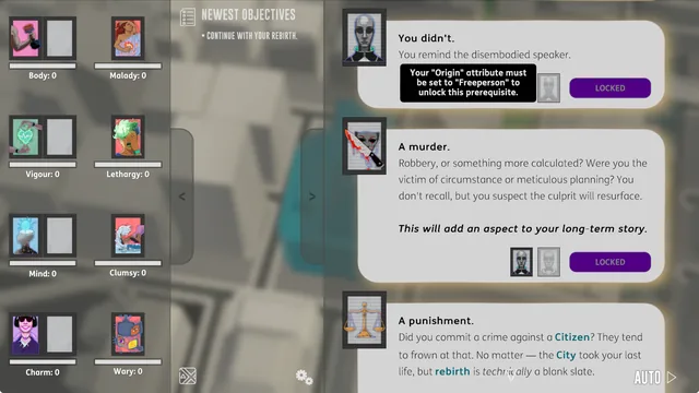 Choices locked behind the Freeperson origin, with a note explaining the prerequisite