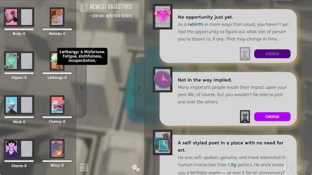 Choosing who mattered in a past life, with an attribute card's description showing