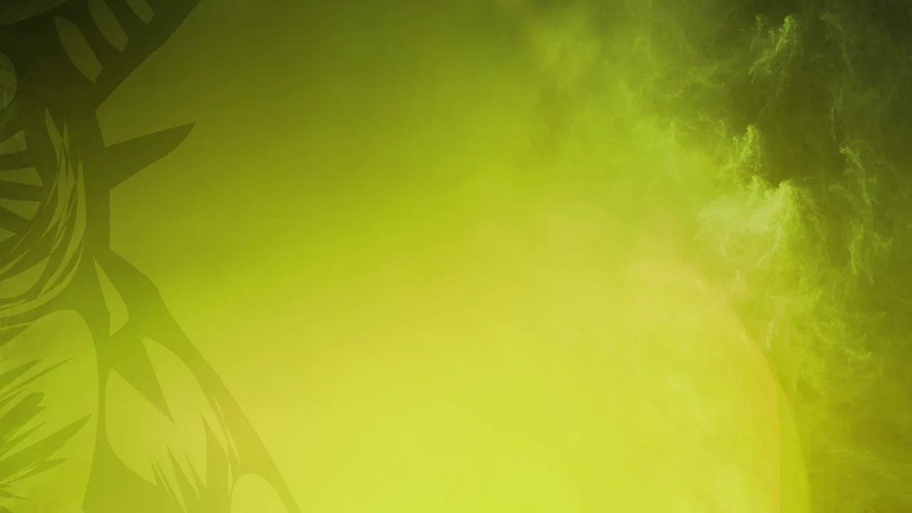 Green smoke curling around a horned silhouette, from the cover art of Book 05: Aftermath's Dawn