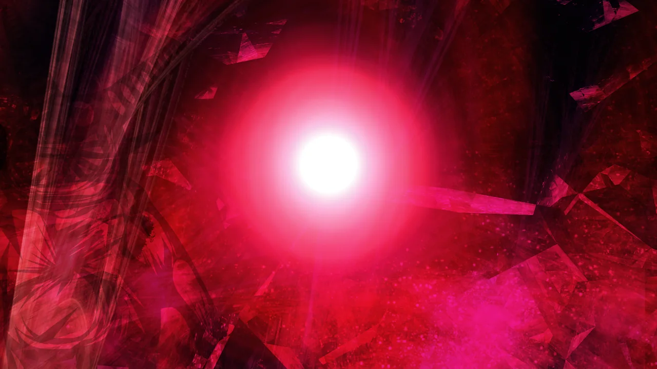 A blazing light among shattered red crystal, from the cover art of Book 04: Incursion