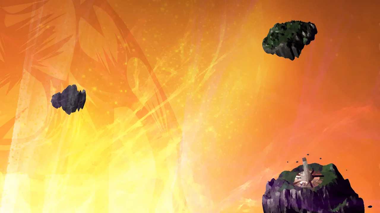 Floating islands drifting through an orange sky, from the cover of Book 01: Sleeping God
